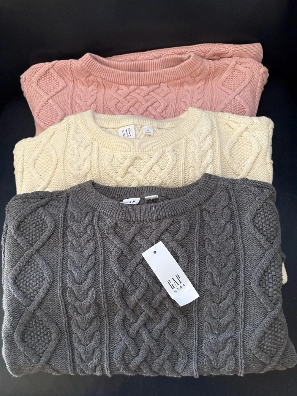 GAP Kids Cable Knit Crew Sweaters in Pink, Cream & Gray